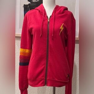 Aviator Nation Red/Pink Hoodie with Rainbow Stripes